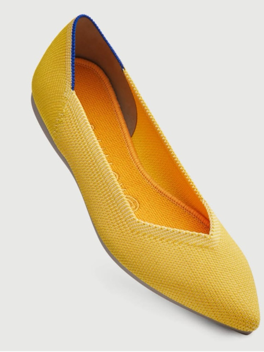 Rothy's Yellow Pointed Knit Ballet Flat with Blue Trim